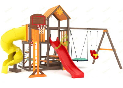 Детские площадки с горкой трубой - Детские игровые комплексы IgraGrad Панда Фани с балконом и трубой